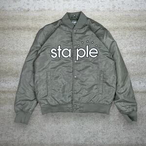 Vintage Y2K Staple Satin Jacket Mens M Sage Green White Spellout Logo Button Up